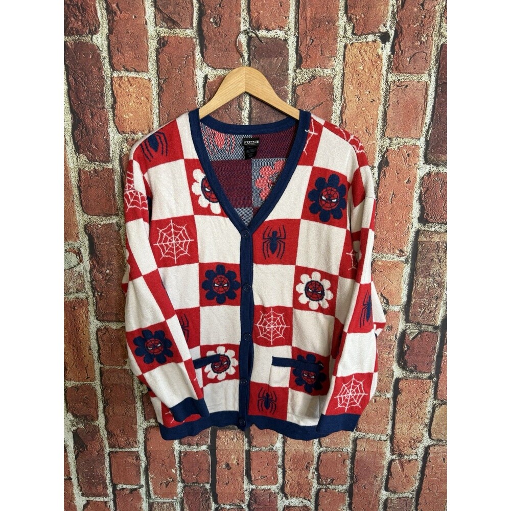 Marvel Spiderman Cardigan Boxlunch Women’s Large Sweater Floral Red White Blue